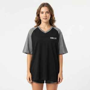 Women's Black Gray Raglan Sleeve <b>V</b>-<b>Neck</b> <b>T</b>-<b>Shirt</b> Loose Fit 100% Cotton Casual Jersey Print Logo Top Spring Summer - Product Image 3