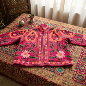 Pink Floral Hand Embroidery Bomber Jacket | Long Sleeve <b>Stand</b> Collar Women Outerwear Handmade Needle <b>Work</b> Masterpiece Jacket - Product Image 4