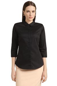 Women's Black Button Down Shirt Three Quarter Sleeve Classic Fit Poplin Summer Woven Office Wear Regular Length Solid Color - Product Image 1