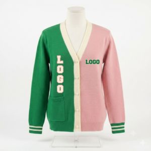 Customized AKA Pink Green Two Tone Color Block Women's Knitted Sorority <b>Cardigan</b> <b>Sweater</b> Pearl Button V Neck Long Sleeve Greek - Product Image 1
