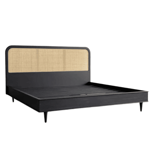 Cama King Size de Madera de Teca Horis de Estilo Mid-Century con Cabecera de Ratán, Construcción de Madera Sólida para Muebles de Dormitorio - Product Image 1