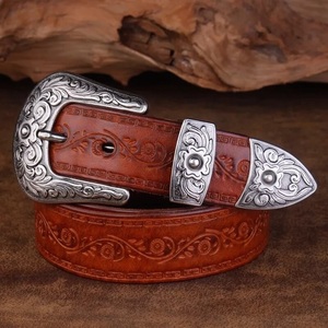 Nuevo Cinturón de Cuero Genuino Grabado con Diseño Floral Western para Hombre con Hebilla de Latón, Logotipo Personalizado, Cinturón de Cuero Western de Grano Completo - Product Image 6