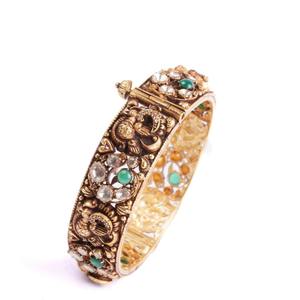 Maharani Peacock Motif Polki And Emerald Single Bangle <b>Kada</b> Crafted In Gajaah 925 Sterling Silver Bridal Jewellery - Product Image 1