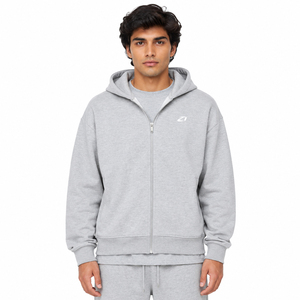 Sweat à capuche zippé pour homme en molleton de coton gris chiné, avec logo frontal, épaules tombantes et poche kangourou, style streetwear décontracté pour l'hiver - Product Image 1