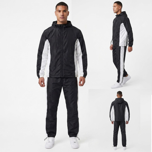 Men's Black White Colorblock <b>Tracksuit</b> Hooded Windbreaker Set Full Zip Jacket and Matching Jogger Pants Activewear Outfit - Product Image 1