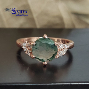 Anillo de Lujo con Ágata Musgosa Natural, Corte Redondo, con Detalles de Circonia Cúbica, Plata de Ley 925, Anillo de Compromiso, Boda, Fiesta para Mujer - Product Image 6