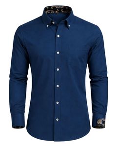 Camisa de Vestir Personalizada para Hombre, Azul Marino, Corte Entallado, Manga Larga, Cierre de Botones, Formal, Informal, para Oficina, Mezcla de Algodón, Logotipo Personalizado OEM - Product Image 1