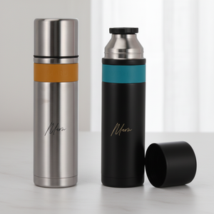 Bouteille isotherme classique en acier inoxydable SUS 304 à double paroi, grande capacité 1L/33oz, revêtement céramique gris, avec tasse, maintient au chaud 6 heures/au froid 9 heures - Product Image 1