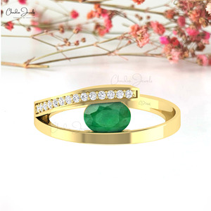 Fournisseur de bijoux faits main, bague de fiançailles en or massif 14 carats avec diamant G-H, émeraude naturelle 7x5mm, bague bypass, prix usine. - Product Image 5