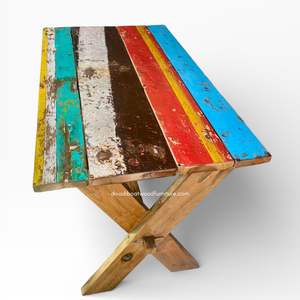 Table à manger artisanale en bois de bateau récupéré, couleur naturelle, pour extérieur, jardin, parc, maison, meuble démontable - Product Image 2