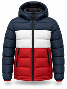 <b>Men's</b> Navy <b>White</b> Red Color Block Hooded <b>Puffer</b> <b>Jacket</b> Waterproof Quick Dry Winter Casual Zipper Polyester Wadding Front Regular - Product Image 1