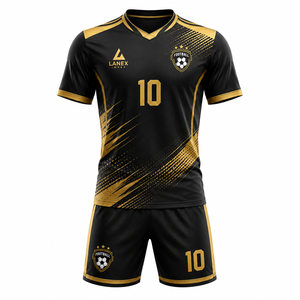 Ensemble d'uniformes de football personnalisés sublimés avec maillot, short, chaussettes et crampons, noir et or, vêtements de sport d'équipe avec nom et numéro - Product Image 1