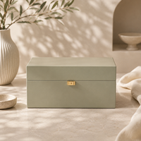 Boîte cadeau rigide de luxe sur mesure vert sauge avec couvercle à charnière, fermeture et insert moulé pour l'emballage d'un ensemble de parfum, bougie et diffuseur à bâtonnets.