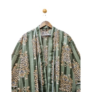 Kimono de algodón con estampado de bloques de tigre verde para mujer, ropa de verano con bolsillos de parche térmico transpirables duraderos, rayas verticales - Product Image 6