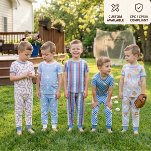 Ensemble de pyjama pour enfants sur le thème du sport automne/hiver OEM/ODM, imprimé à rayures de baseball et à carreaux, en spandex/polyester, manches courtes, pantalon de jogging à revers - Product Image 1