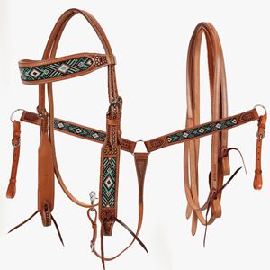 Conjunto de Brida para Caballo Estilo Western, Cabezada de Cuero Grabada a Mano con Collarín y Riendas a Juego - Product Image 1