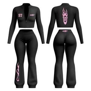 Ensemble haut et legging ajustés pour femme en polyester et élasthanne GSM de haute qualité, beige avec panneau sculpté noir, logo personnalisé, ensembles pour femmes - Product Image 5