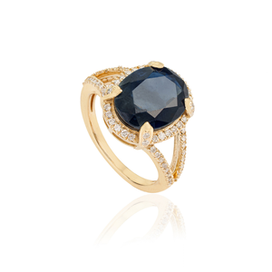 Nouvelle collection de bagues de mariage audacieuses en or jaune massif 14 carats avec halo de saphirs bleus et diamants, à tige fendue, design tendance - Product Image 3