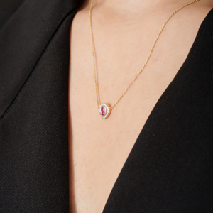 Collier pendentif solitaire en forme de poire avec halo de saphir rose et diamants de qualité supérieure, bijoux empilables pierre de naissance en or jaune véritable 18 carats - Product Image 4