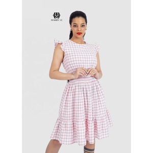 FLUTTER SLEEVE RED PLAID MIDI DRESS-Cintura natural Lavable 100% Algodón orgánico Casual Elegante Vestido de moda MD18 - Product Image 1