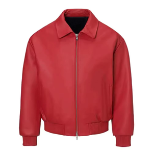 Chaqueta de Cuero Roja Personalizada de Alta Calidad, Último Modelo en Venta, Chaqueta de Cuero Estilo Bomber con Cuello Camisero y Cierre de Cremallera para Hombre - Product Image 1