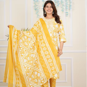 Vestido de Verano para Mujer, de Algodón Cambray, Largo hasta la Rodilla, Manga Tres Cuartos, Cuello Redondo, Estampado Floral, Bordado, Amarillo, Protección Solar, Secado Rápido - Product Image 1