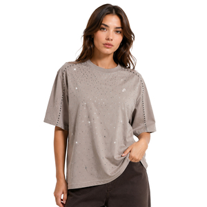Luxury Gray Dropped Shoulder Tee Sparkling Crystal Embellished Blouse Premium Summer Casual Shimmering <b>Tops</b> Women's Shirts ODM - Product Image 1