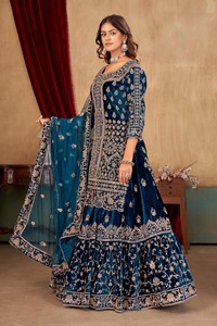 Ensemble de robe Farsi en velours turquoise brodé avec dupatta pour femme, sans plis, protection solaire, tenue de mariage - Product Image 3