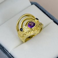Bague Cocktail en Argent Sterling 925 Massif avec Améthyste, Sertie en Bezel, Plaqué Or, Bande Géométrique, Forme Couronne, Pierre Précieuse Taillée en Cœur, pour Homme