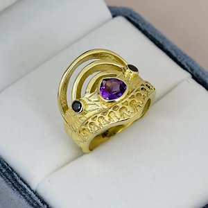 Solid 925 Sterling Silver Amethyst Cocktail <b>Ring</b> Bezel Set Gold Plated Geometric Band <b>Crown</b> Shape Heart Cut Gemstone Men <b>Ring</b> - Product Image 2