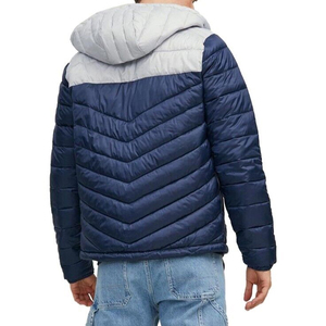 Men's Hooded Puffer <b>Jacket</b> Color Blocking Navy White Windproof Winter Casual Zipper Closure Regular Fit - Product Image 5