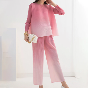 Pink Pleated Pants Suit Two Piece Women <b>Knit</b> <b>Set</b> O-Neck Long Sleeve Blazer and Trousers Casual Wear - Product Image 5