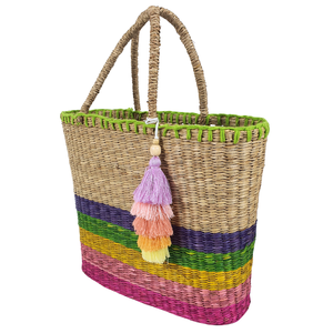 Bolso Tote Casual Rectangular Tejido a Mano de Pasto Marino, Diseño de Rayas Horizontales Coloridas, Borla, Ecológico, Vintage, Gran Oferta - Product Image 2