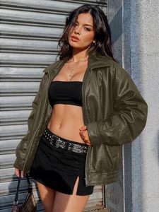 Blouson bomber vert olive pour femme, style moto, fermeture éclair sur le devant, coupe ample, couleur unie, col rabattu, manteau coupe-vent d'automne - Product Image 2