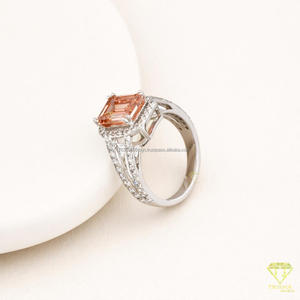 Peach <b>Emerald</b> Cut Lab Grown Diamond Halo Engagement <b>Ring</b> in 925 Sterling <b>Silver</b> Split Shank Pavé <b>Ring</b> - Product Image 3