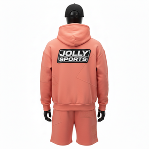 Ensemble sweat à capuche et short pour homme, 320 GSM, en molleton doux mélangé coton, avec empiècement pêche uni et logo thermocollé personnalisé. - Product Image 2