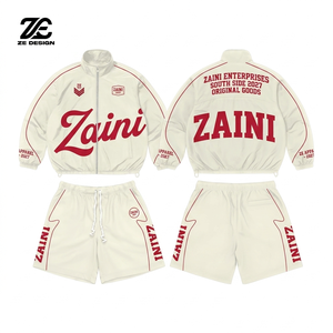 Ensemble court coupe-vent ZAINI pour homme en polyester 300g, rouge avec passepoil, impression sérigraphique personnalisée, à capuche, séchage rapide - Product Image 1