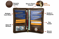 WRIZA Portefeuille de voyage vintage en cuir véritable avec blocage RFID, fermeture éclair, organiseur de voyage, porte-stylo, emplacements pour cartes, épaisseur 15 mm, 90 g