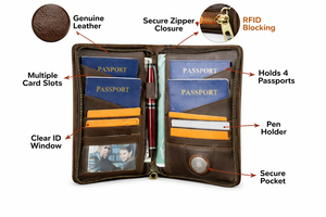 WRIZA Portefeuille de voyage vintage en cuir véritable avec blocage RFID, fermeture éclair, porte-stylo et emplacements pour cartes - Product Image 3