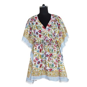 Kaftan en coton imprimé à la main, Abaya indienne faite à la main, Kaftan KFCS047, design maxi avec manches courtes, taille XL, style Dubai Fashion - Product Image 2