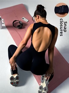 Women's Backless Sleeveless Athletic Jumpsuit | Full-Length Ribbed <b>Yoga</b> <b>Unitard</b> with Snap Closure | High-Stretch Gym Bodysuit - Product Image 4