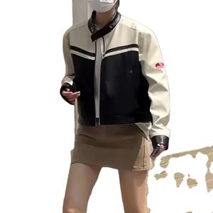 Chaqueta de cuero de motocicleta recortada de estilo americano para mujer nueva primavera otoño moda negro blanco Color bloqueo caliente Top - Product Image 1