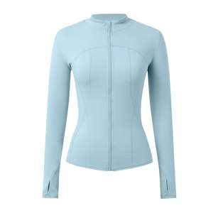 Chaqueta de yoga azul claro para mujer, con cremallera completa, cuello simulado, manga larga, alta elasticidad, ajuste ceñido, atlética, transpirable, top de entrenamiento con logo frontal - Product Image 2