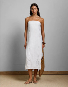 Robe d'été décontractée sans bretelles en mousseline de soie blanche tissée, coupe trapèze, longueur ras du sol, taille naturelle, couleur unie, sans manches pour femme - Product Image 1