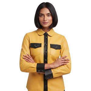 Chemise en cuir boutonnée tendance pour femme, chemise en cuir à col rabattu pour filles, chemise en cuir pour femme avec poches avant - Product Image 1