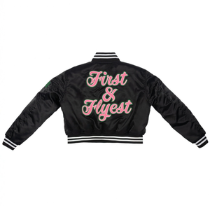   เสื้อแจ็คเก็ตบอมเบอร์วินเทจ First & Flyest สำหรับผู้หญิง สีชมพูเขียว ปักลายวาร์ซิตี้ เสื้อโค้ทเรโทร แขนยาว สไตล์ลำลอง สตรีทแวร์ - Product Image 2