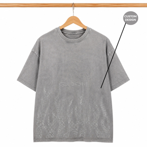 Cosh International New Arrival Men's Oversized Grey Rhinestone <b>Flame</b> T <b>Shirt</b> Vintage Washed Cotton Hip Hop Streetwear - Product Image 1