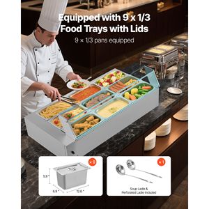 Scaldavivande Elettrico Commerciale 1500W in Acciaio Inox con 9 Vasche, Buffet da Banco con Coperchio in Vetro, Attrezzatura per Mantenere il Cibo Caldo - Product Image 3