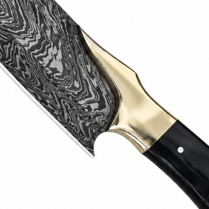 Black and Green Handle Damascus Pattern Hunting Knife with Gold Guard Silver Gray Pointed Blade <b>Outdoor</b> Utility Cutting Tool - Product Image 6
