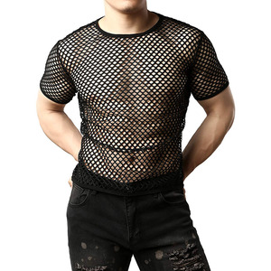 Men's <b>Blue</b> <b>Mesh</b> T-Shirt Short Sleeve O-Neck Slim Fit Breathable Knitted Street Style Solid Color - Product Image 6